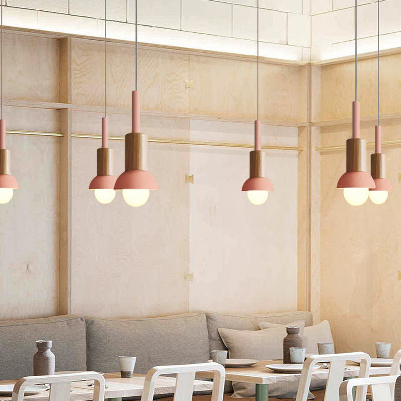 Suspension scandinave en bois avec fer coloré rose, jaune et vert, éclairage design pour salle à manger et salon, E26 | Sulvida