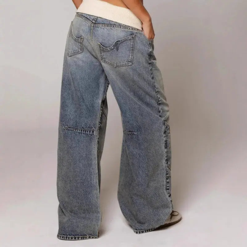 Jean baggy à taille côtelée - Pantalon large en denim pour femme - Bleu clair, look vintage streetwear | Sulvida