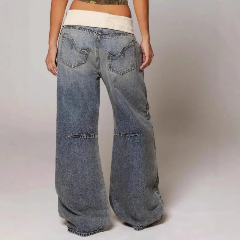 Jean baggy à taille côtelée - Pantalon large en denim pour femme - Bleu clair, look vintage streetwear | Sulvida