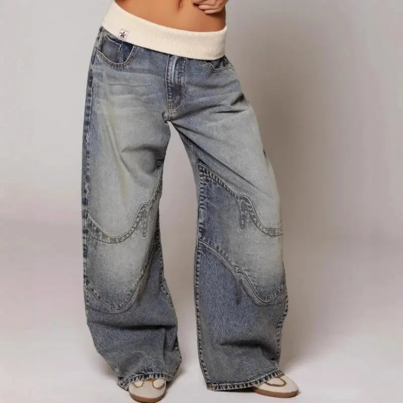 Jean baggy à taille côtelée - Pantalon large en denim pour femme - Bleu clair, look vintage streetwear | Sulvida