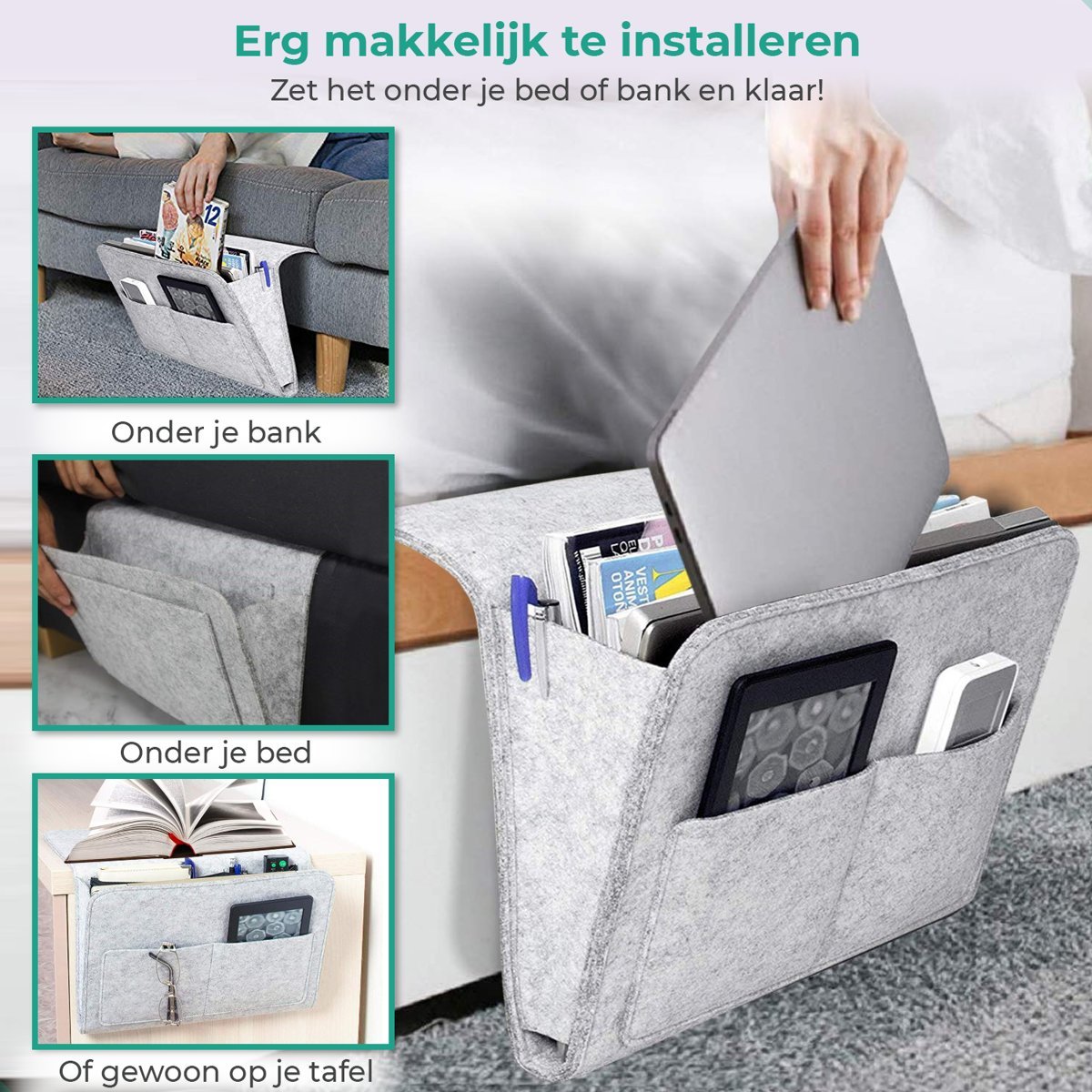 Hangorganizer voor Bed en Bank Grijs Beige Groen Bruin | Opbergtas Nachtkastje met Vakken Afstandsbediening | Sulvida