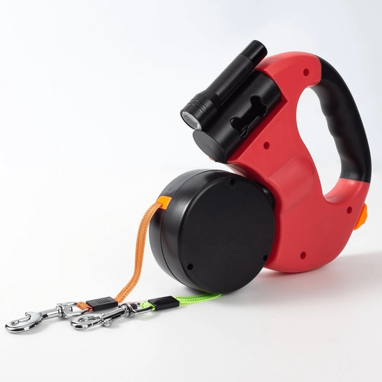 Intrekbare Dubbele Hondenriem met Zaklamp en 360° Draaifunctie voor Twee Honden tot 40 kg per Hond - Ontwarringsmechanisme Reflecterende Strips Eenhandige Bediening Veilige Avondwandeling | Sulvida