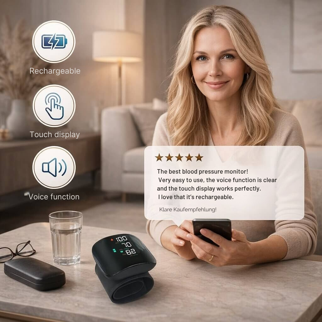 Digitale Bloeddrukmeter voor Pols met Touchscreen en Spraakfunctie – Oplaadbaar en Eenvoudig in Gebruik – Medisch Meetapparaat voor Thuis en Onderweg | Sulvida