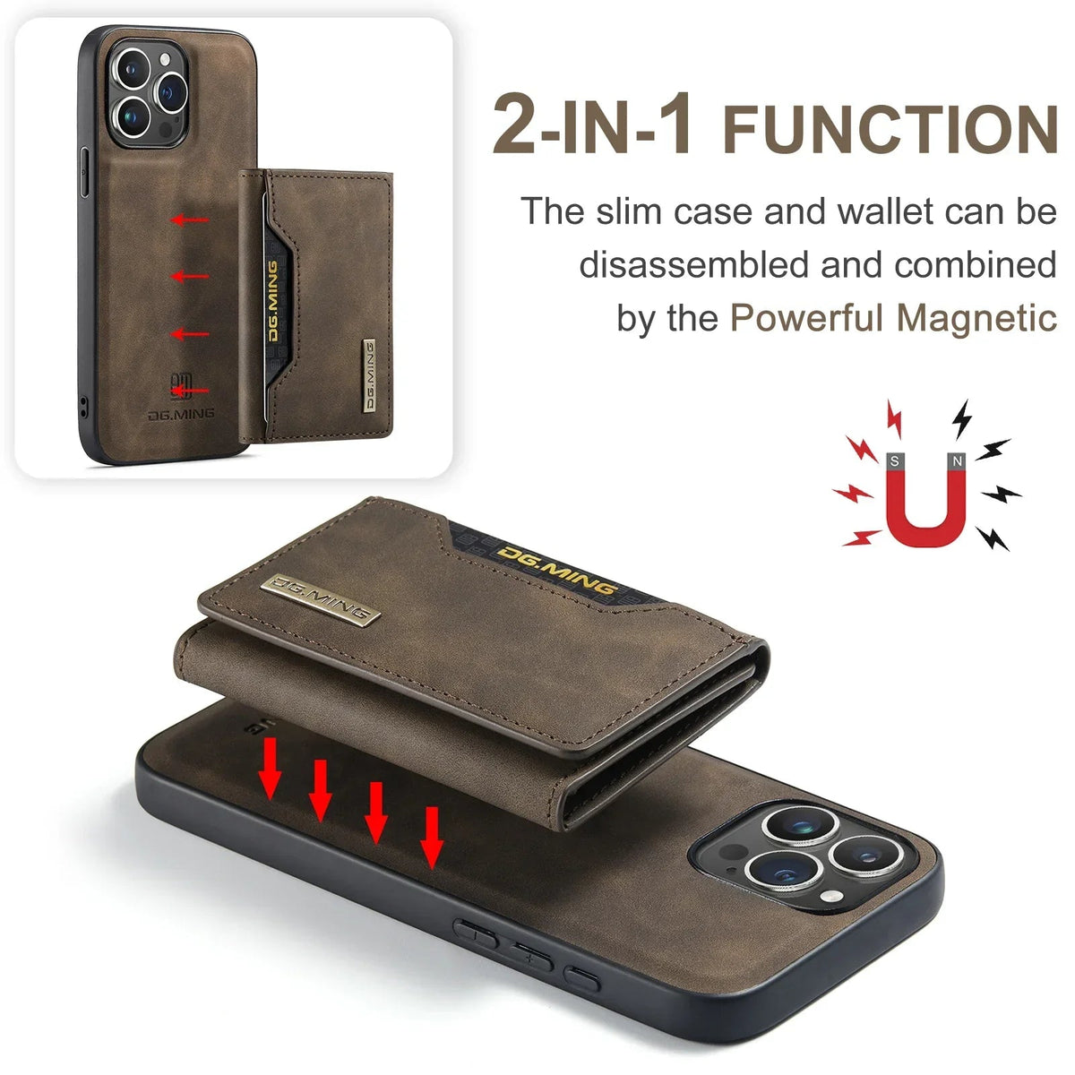 iPhone-Hülle aus Leder mit abnehmbarem magnetischem Portemonnaie, 2-in-1, multifunktional, Kartenhalter, Ständer, luxuriös | Sulvida