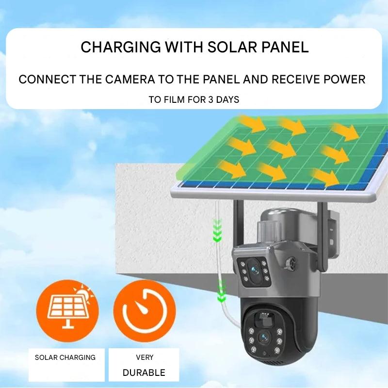 Draadloze 4K Beveiligingscamera op Zonne-energie – Dubbele Lens met 10× Zoom – WiFi of 4G Outdoor Bewaking | Sulvida
