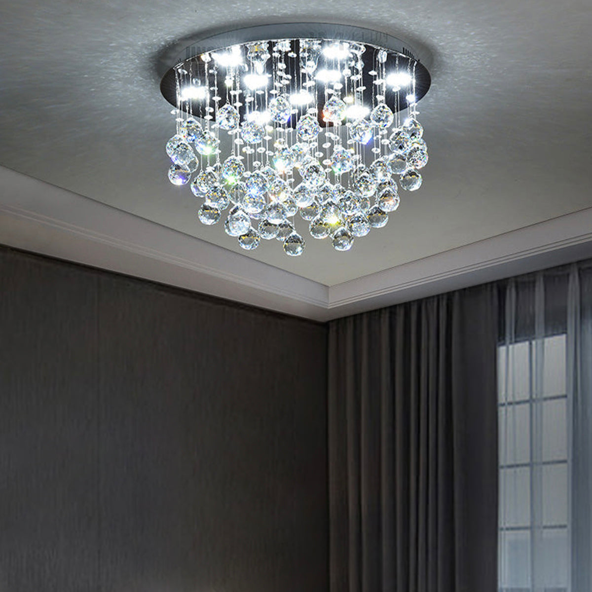 Kristallen Plafondlamp Rond Modern Chroom 50 cm 9 Lichtpunten Woonkamer Eetkamer Slaapkamer Hanglamp | Sulvida