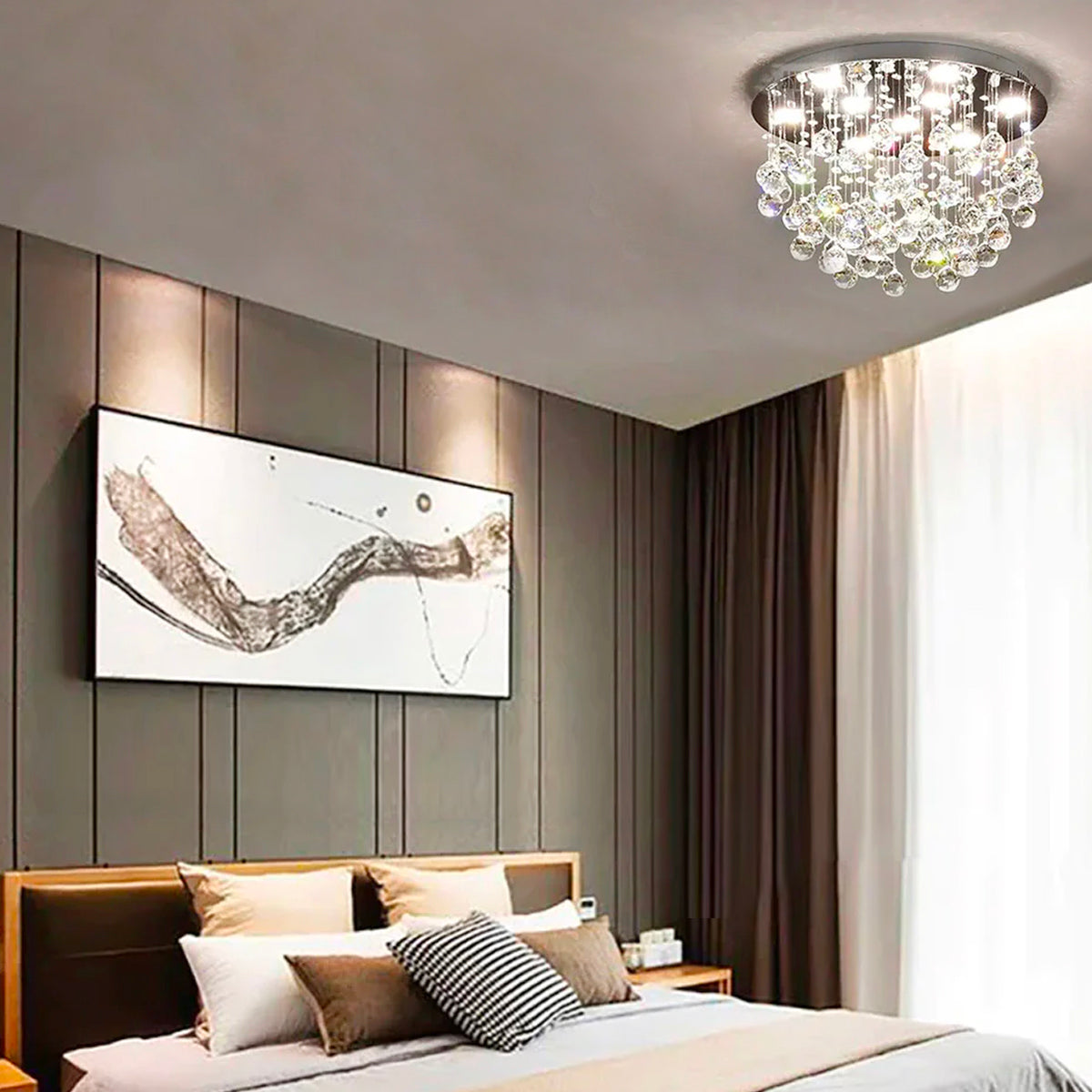 Kristallen Plafondlamp Rond Modern Chroom 50 cm 9 Lichtpunten Woonkamer Eetkamer Slaapkamer Hanglamp | Sulvida