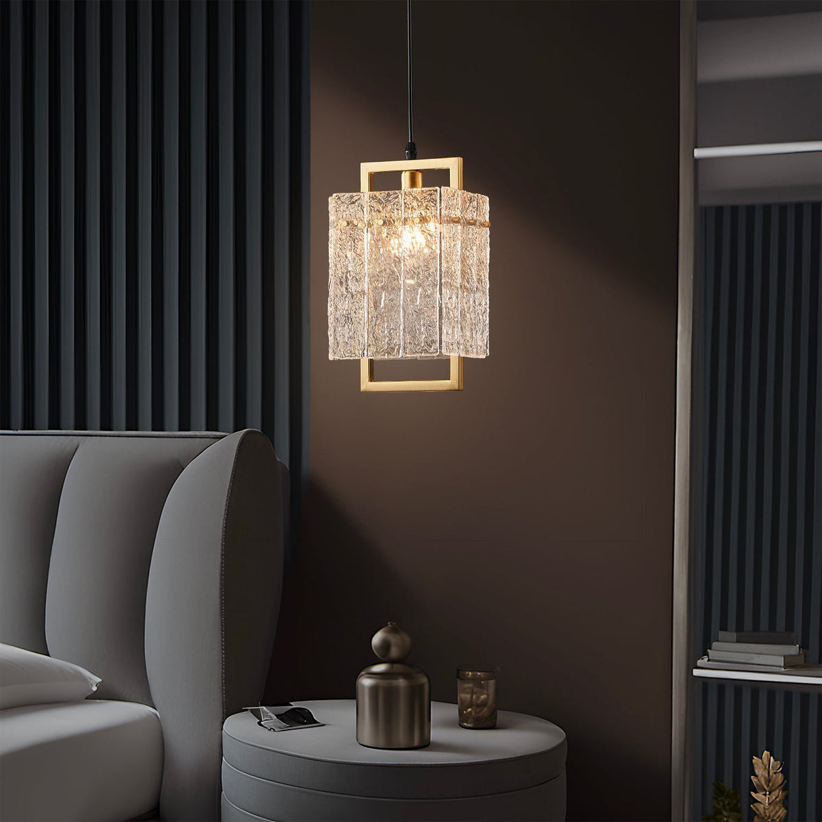 Hanglamp vierkant frame gecraqueleerd glas goud ijzer modern design E12 fitting 16×30 cm woonkamer eetkamer | Sulvida