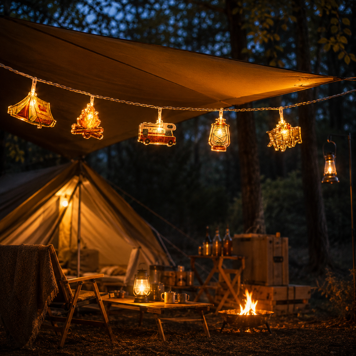 Campinglichtslinger met Tentmotieven Warm Wit LED op Batterijen 1,5m 3m 6m Sfeerlicht Outdoor Decoratie | Sulvida