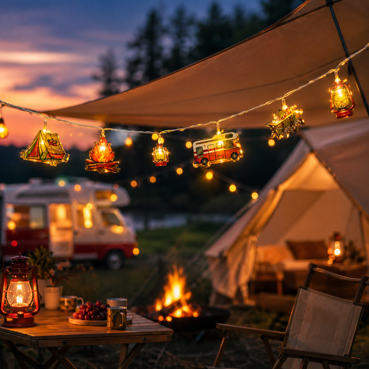 Campinglichtslinger met Tentmotieven Warm Wit LED op Batterijen 1,5m 3m 6m Sfeerlicht Outdoor Decoratie | Sulvida
