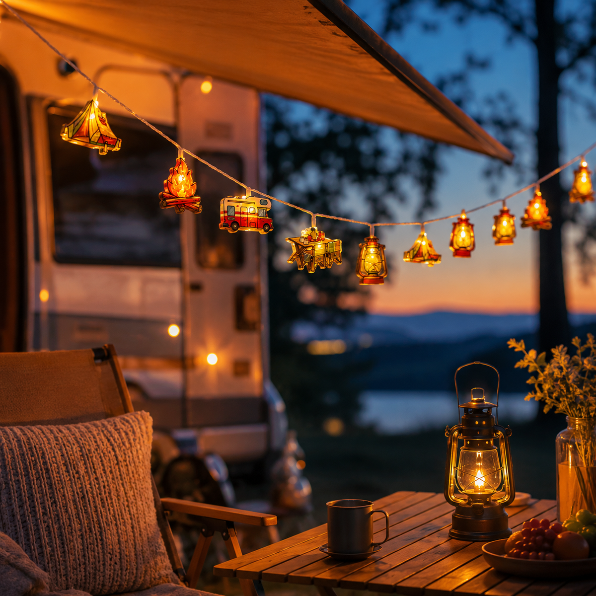 Campinglichtslinger met Tentmotieven Warm Wit LED op Batterijen 1,5m 3m 6m Sfeerlicht Outdoor Decoratie | Sulvida