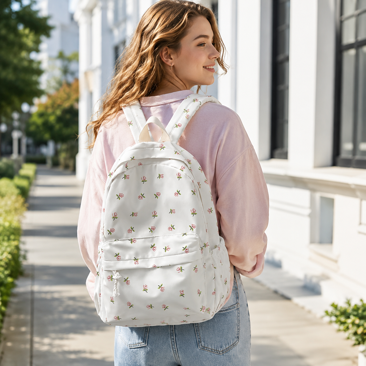 Nylon Schoolrugzak Bloemenprint Dames Roze Wit Rugtas Laptop Studie Rugzak Schooltas Werk Dagelijks Gebruik | Sulvida