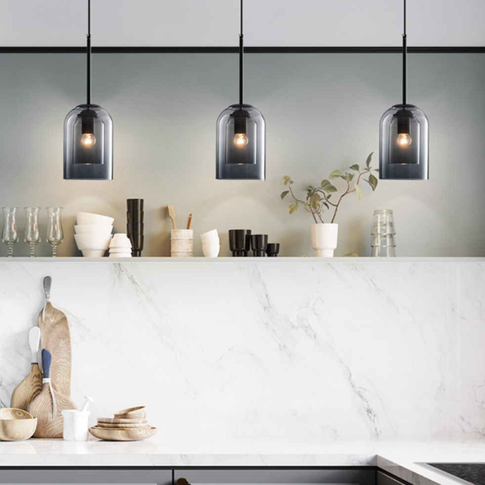 Hanglamp Dubbel Rookglas Ronde Buis Koper Afwerking Moderne Eetkamerlamp Eettafel Woonkamer Verlichting Design | Sulvida