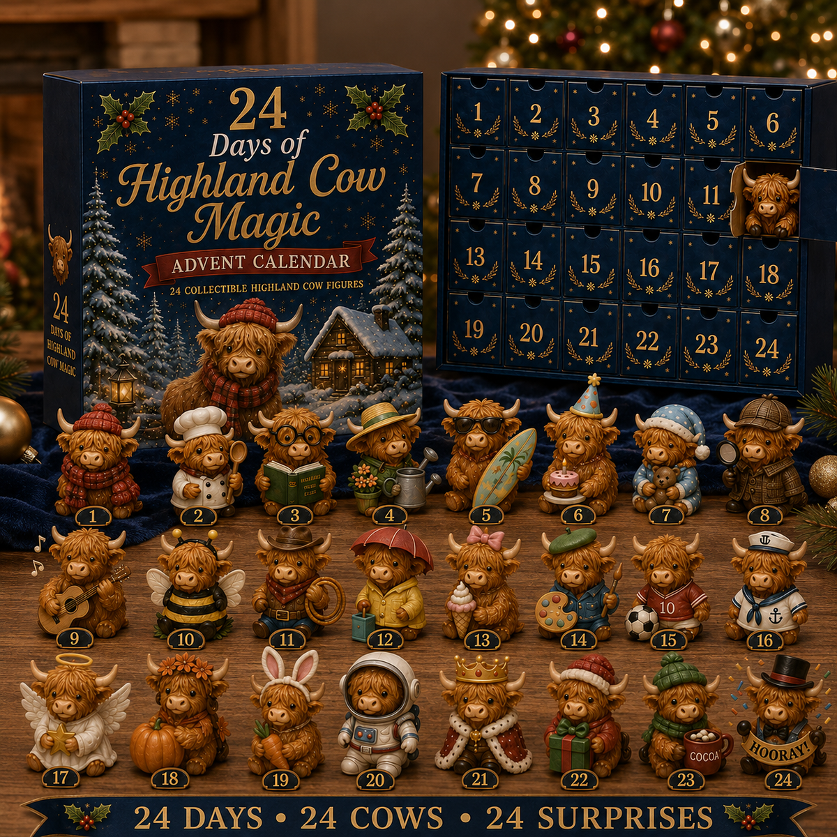 Adventskalender Highland Koe 24 Dagen Kerst Verzamelfiguren Countdown Decoratie Cadeau Dierenliefhebbers | Sulvida
