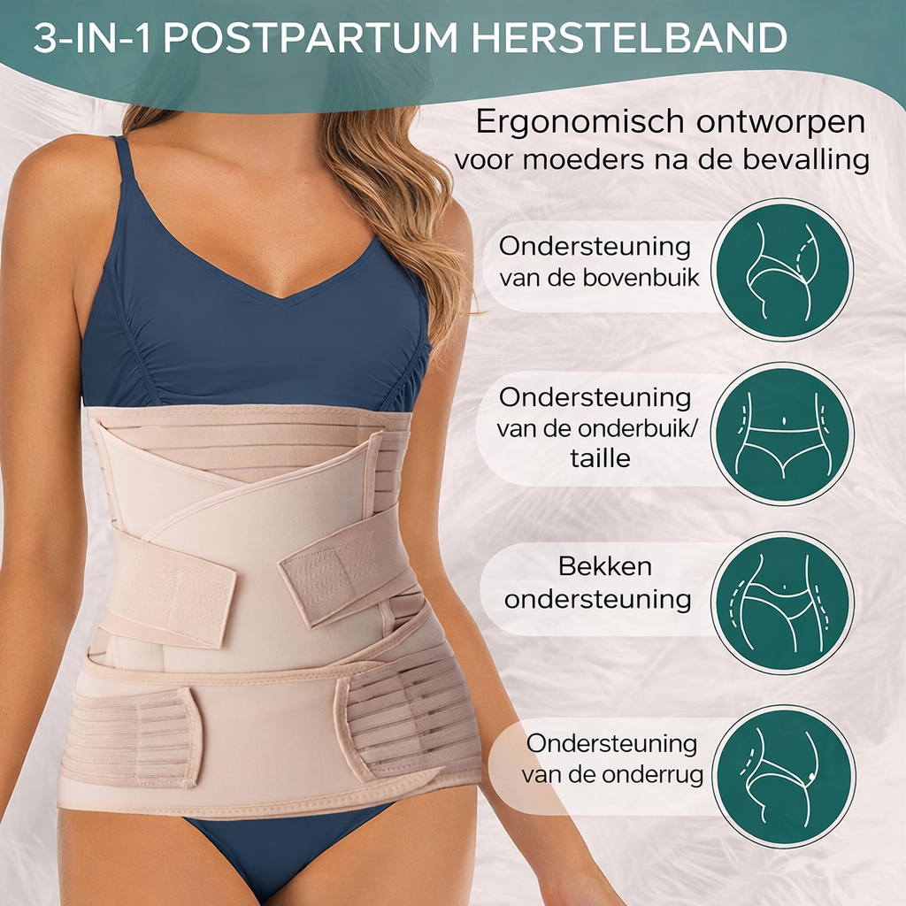 3-in-1 Postpartum Buikband voor Herstelondersteuning na Bevalling – Verstelbare Compressieband voor Buik Taille Bekken – Ademend Herstelverband na Natuurlijke Bevalling en Keizersnede | Sulvida