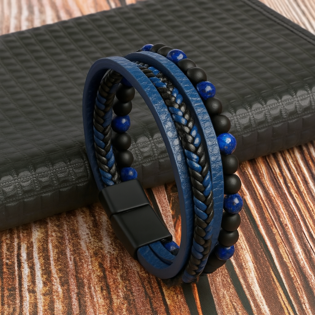 Leren armband met natuursteen kralen heren magnetische sluiting meerlaags gevlochten polsband zwart bruin | Sulvida