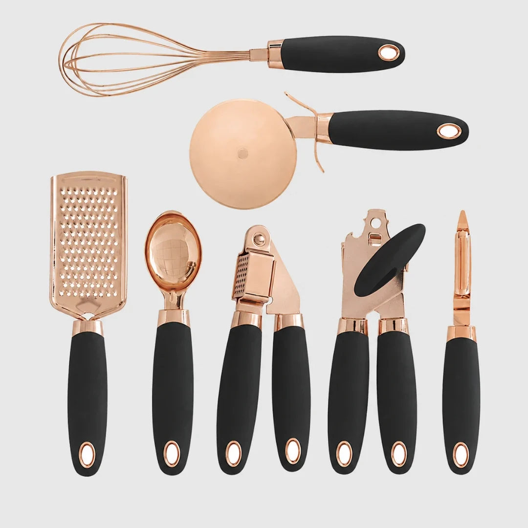 7-teiliges Küchenutensilien-Set in Roségold mit Silikongriffen, antihaftbeschichtet, hitzebeständig für müheloses Kochen | Sulvida