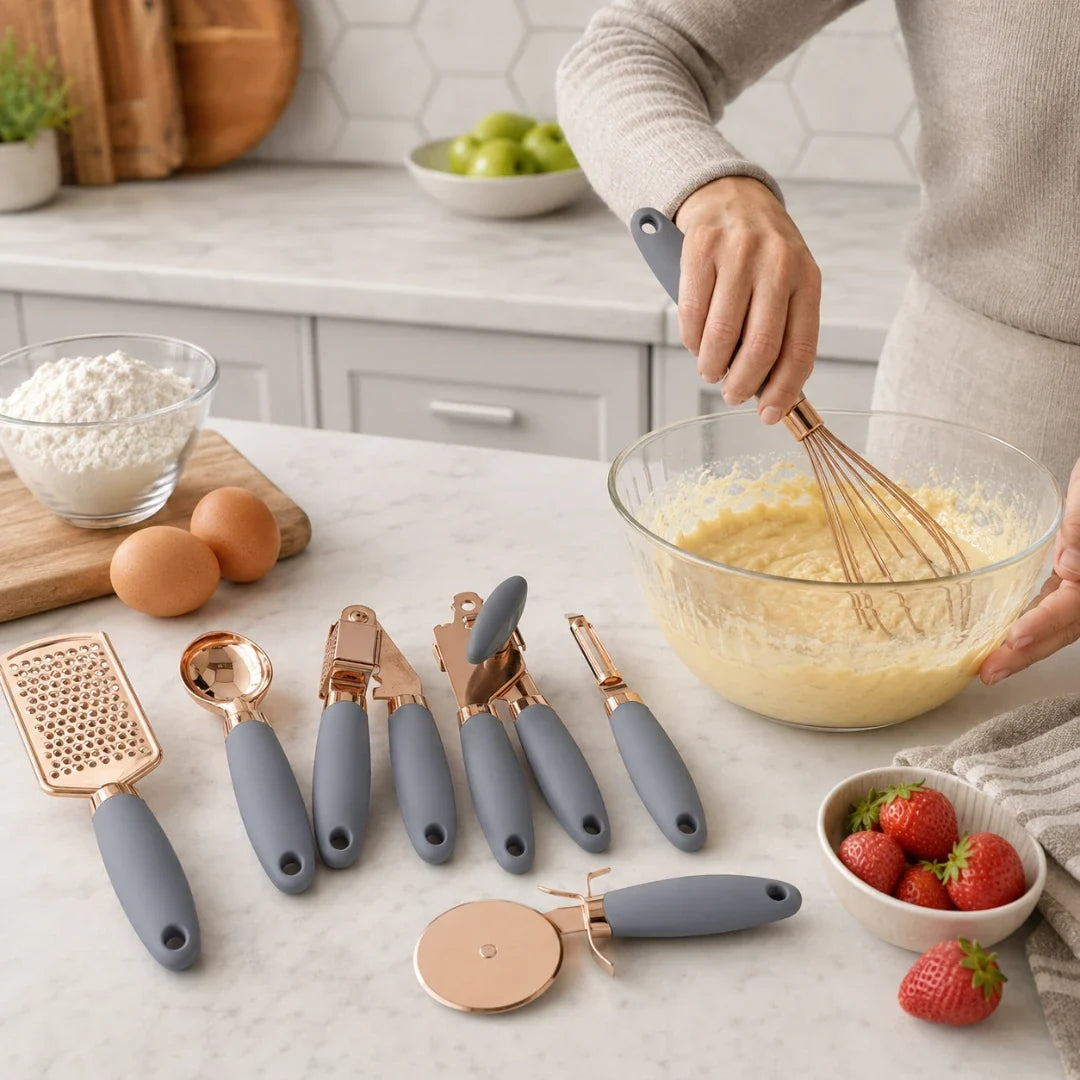 7-teiliges Küchenutensilien-Set in Roségold mit Silikongriffen, antihaftbeschichtet, hitzebeständig für müheloses Kochen | Sulvida