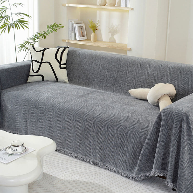 Chenille Plaid Visgraatmotief Franjes Woonkamer Bankovertrek Beschermer Luxe Deken Wit Grijs Decoratief | Sulvida