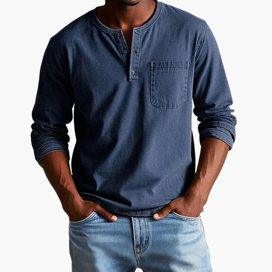 T-shirt Henley pour homme avec patte de boutonnage - Manches longues, poche poitrine, décontracté, coton uni, confortable et élégant | Sulvida