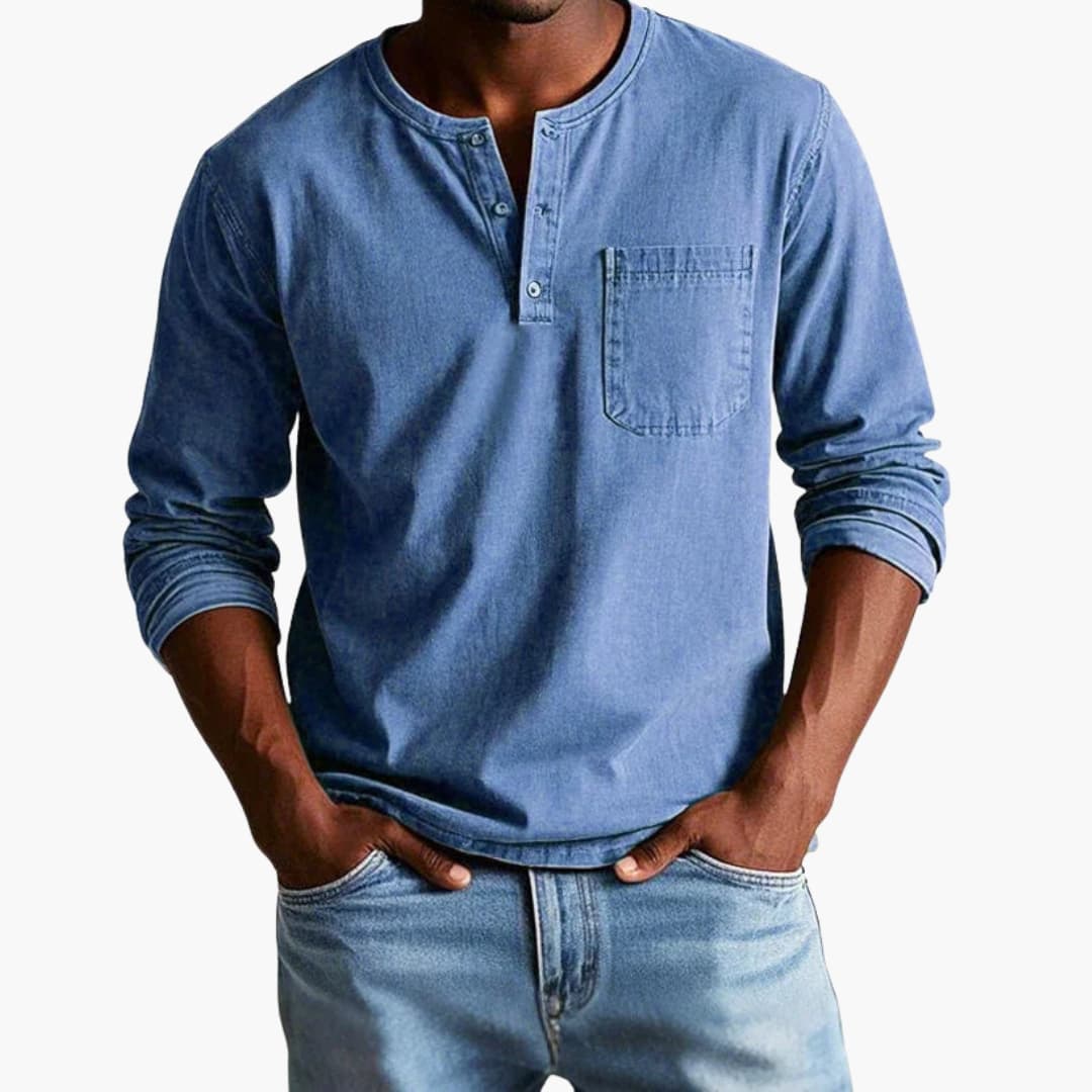 T-shirt Henley pour homme avec patte de boutonnage - Manches longues, poche poitrine, décontracté, coton uni, confortable et élégant | Sulvida