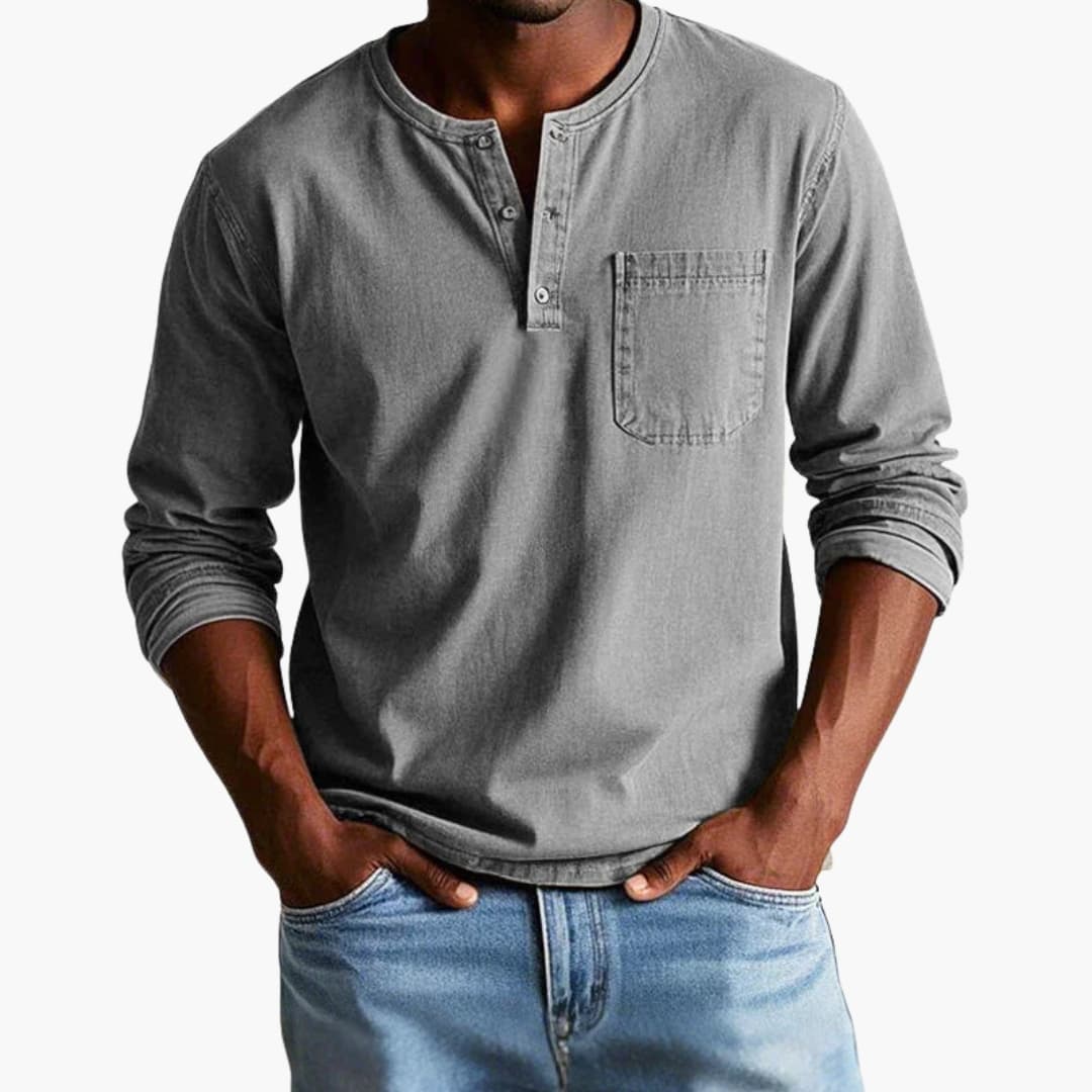 T-shirt Henley pour homme avec patte de boutonnage - Manches longues, poche poitrine, décontracté, coton uni, confortable et élégant | Sulvida