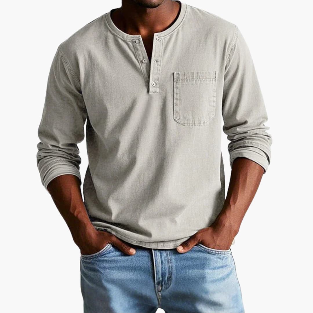 T-shirt Henley pour homme avec patte de boutonnage - Manches longues, poche poitrine, décontracté, coton uni, confortable et élégant | Sulvida
