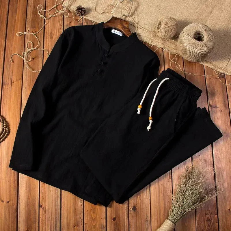 Herenkostuum Twee Delig Staande Kraag Shirt Koordbroek Effen Casual Loungeset Comfortabele Huiskleding | Sulvida