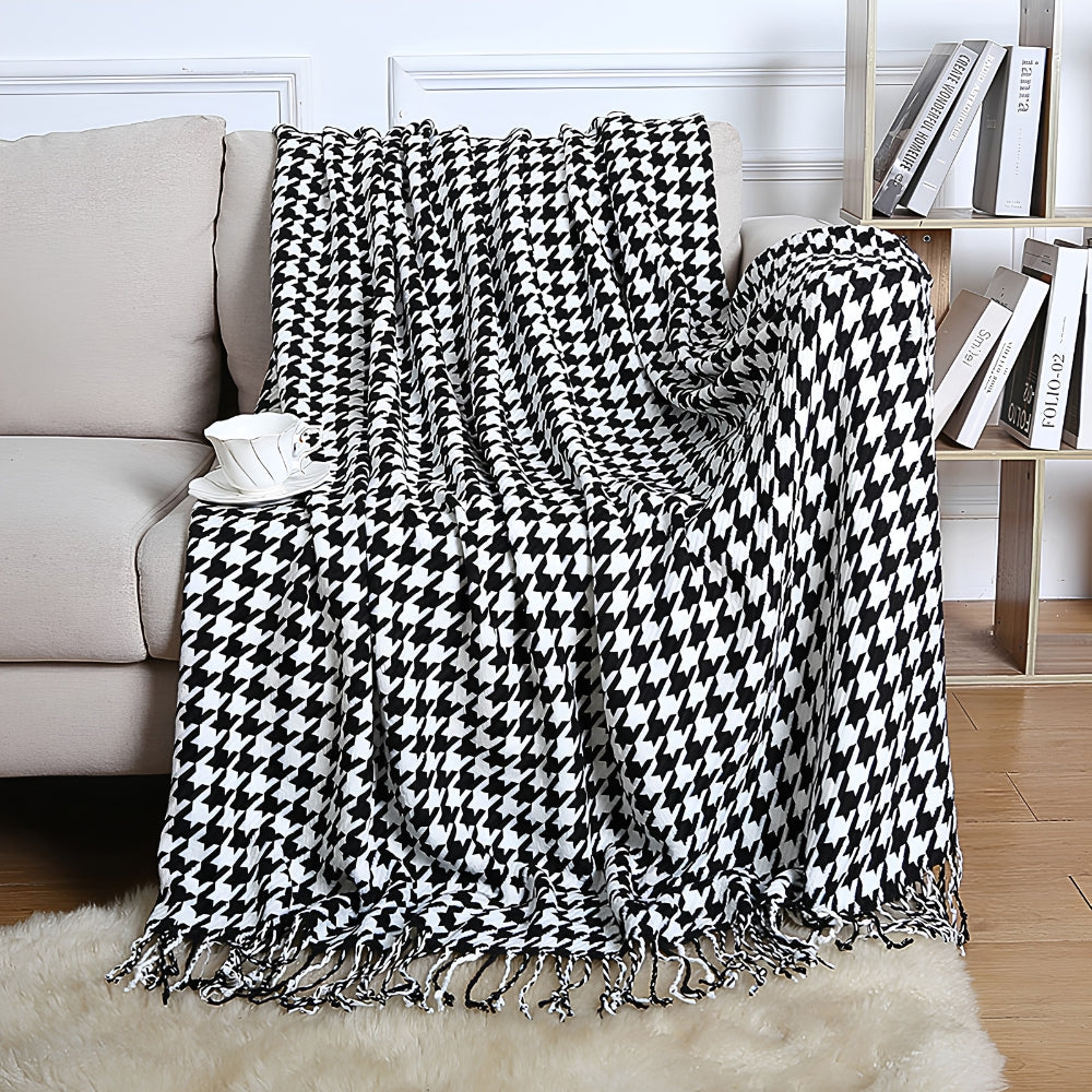 Wollen plaid zwart-wit pied-de-poule met kwasten tijdloos klassiek warm zacht voor bank bed woonkamer | Sulvida