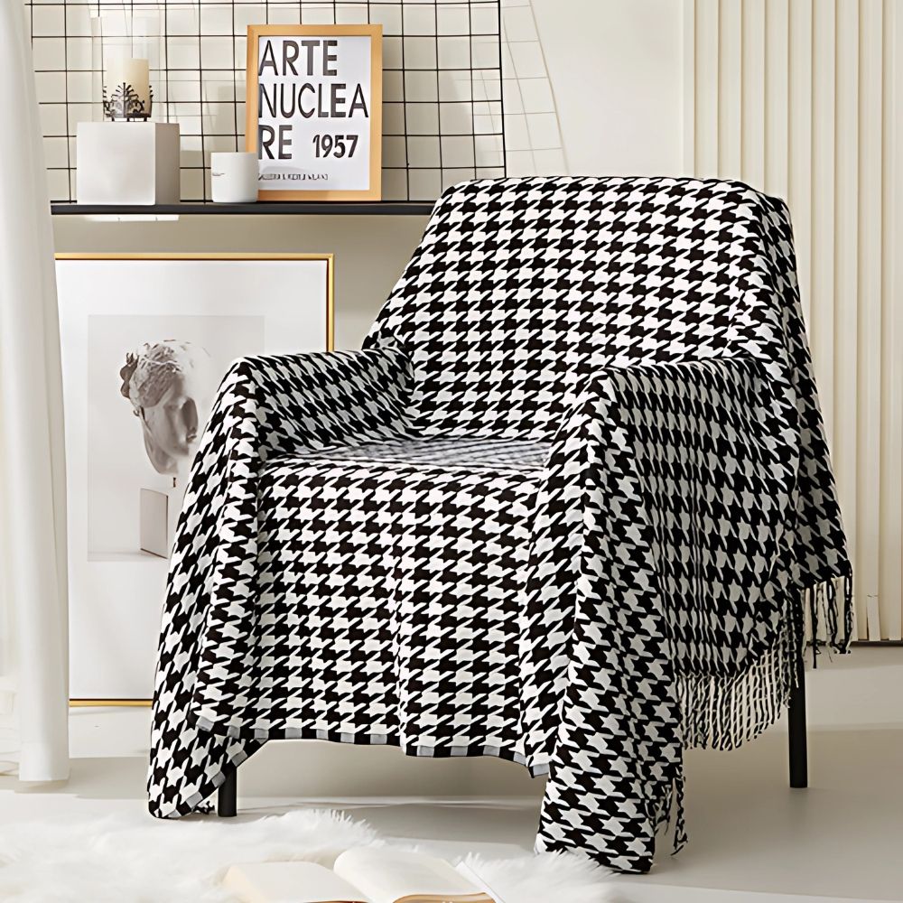 Wollen plaid zwart-wit pied-de-poule met kwasten tijdloos klassiek warm zacht voor bank bed woonkamer | Sulvida
