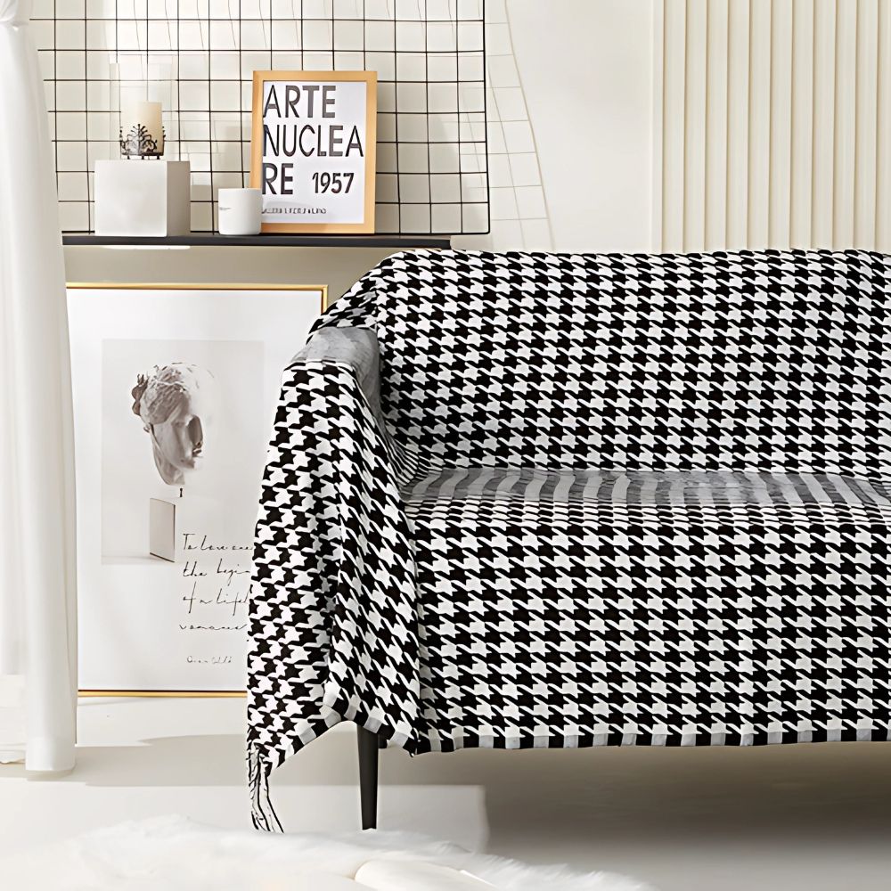 Wollen plaid zwart-wit pied-de-poule met kwasten tijdloos klassiek warm zacht voor bank bed woonkamer | Sulvida