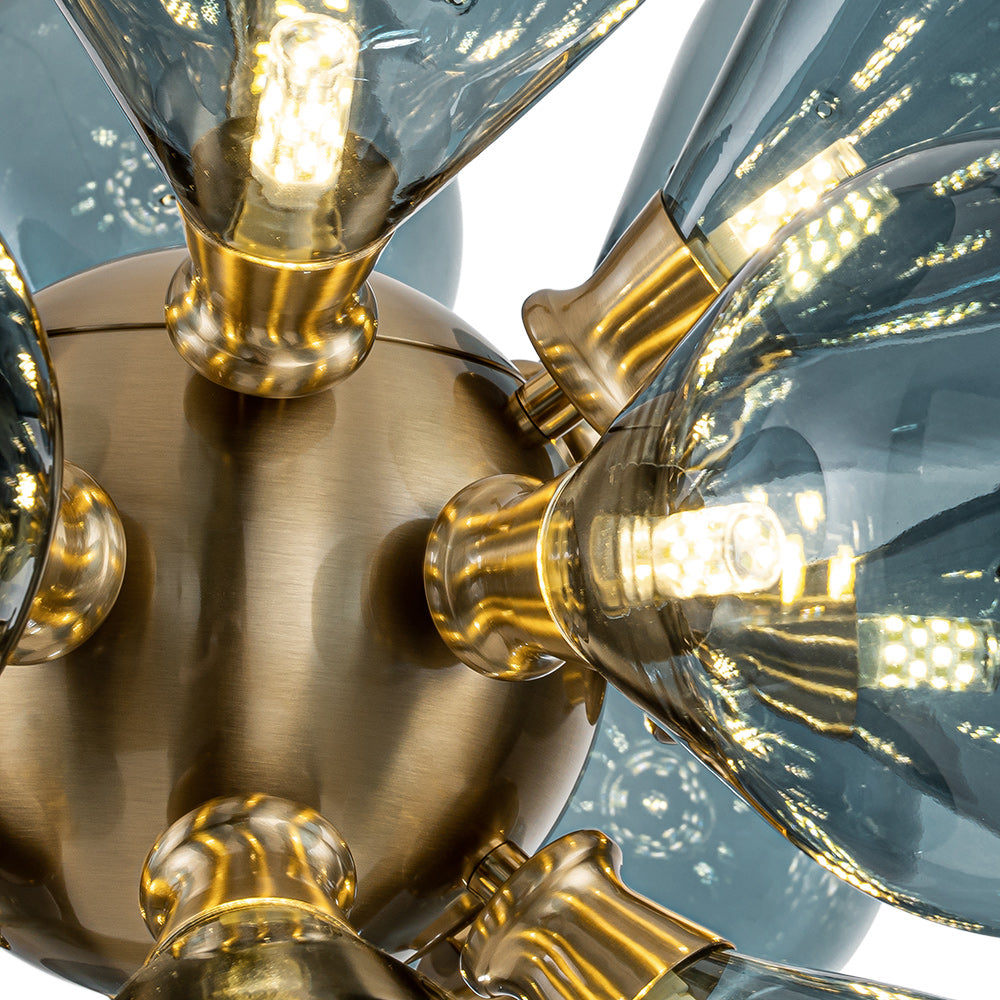 Glazen Kroonluchter 18 Lichtpunten Blauw Goud Eetkamer Woonkamer Decoratief Hanglamp Design Statement | Sulvida