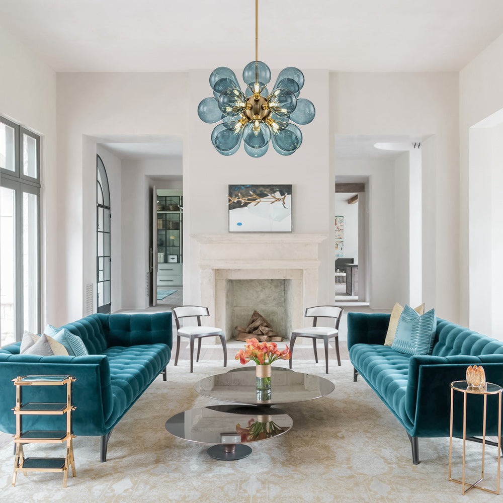 Glazen Kroonluchter 18 Lichtpunten Blauw Goud Eetkamer Woonkamer Decoratief Hanglamp Design Statement | Sulvida