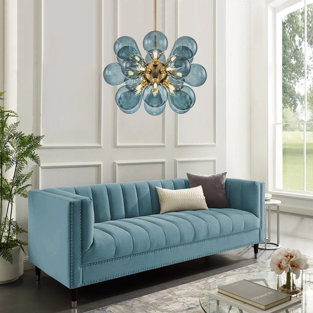 Glazen Kroonluchter 18 Lichtpunten Blauw Goud Eetkamer Woonkamer Decoratief Hanglamp Design Statement | Sulvida