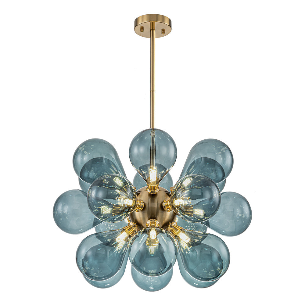 Glazen Kroonluchter 18 Lichtpunten Blauw Goud Eetkamer Woonkamer Decoratief Hanglamp Design Statement | Sulvida