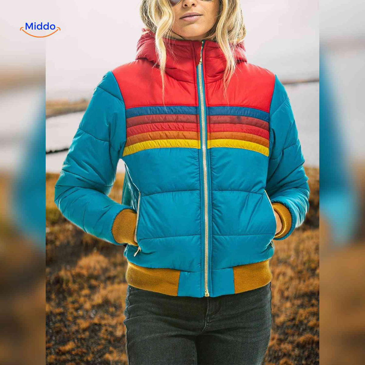 Gewatteerde Damesjas met Capuchon Lichtgewicht Ritssluiting Kleurrijk Retro Design Winterjas Maat XS-3XL | Sulvida