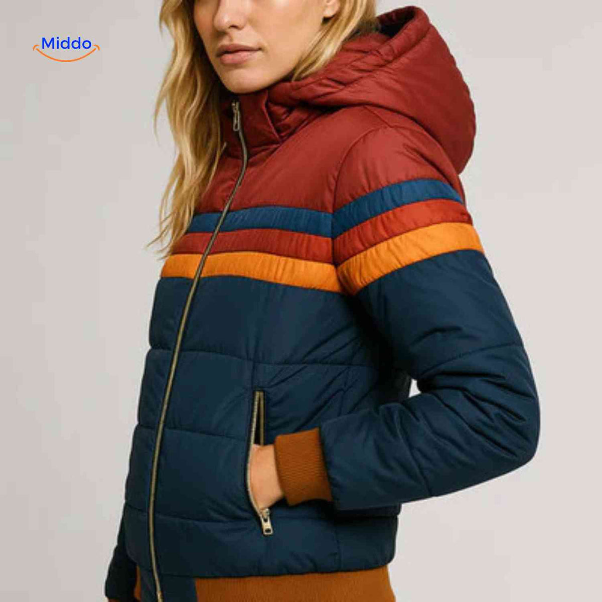 Gewatteerde Damesjas met Capuchon Lichtgewicht Ritssluiting Kleurrijk Retro Design Winterjas Maat XS-3XL | Sulvida
