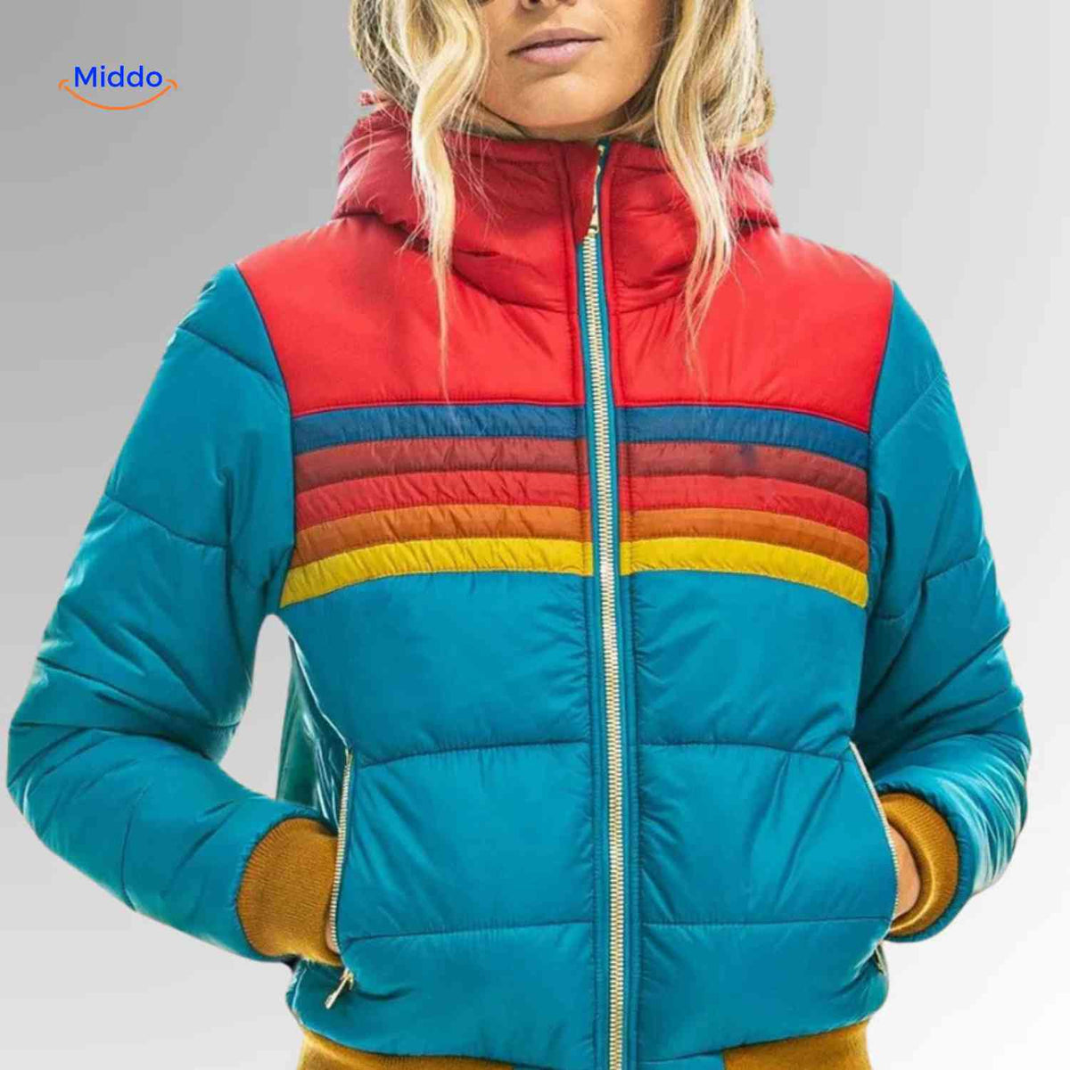Gewatteerde Damesjas met Capuchon Lichtgewicht Ritssluiting Kleurrijk Retro Design Winterjas Maat XS-3XL | Sulvida