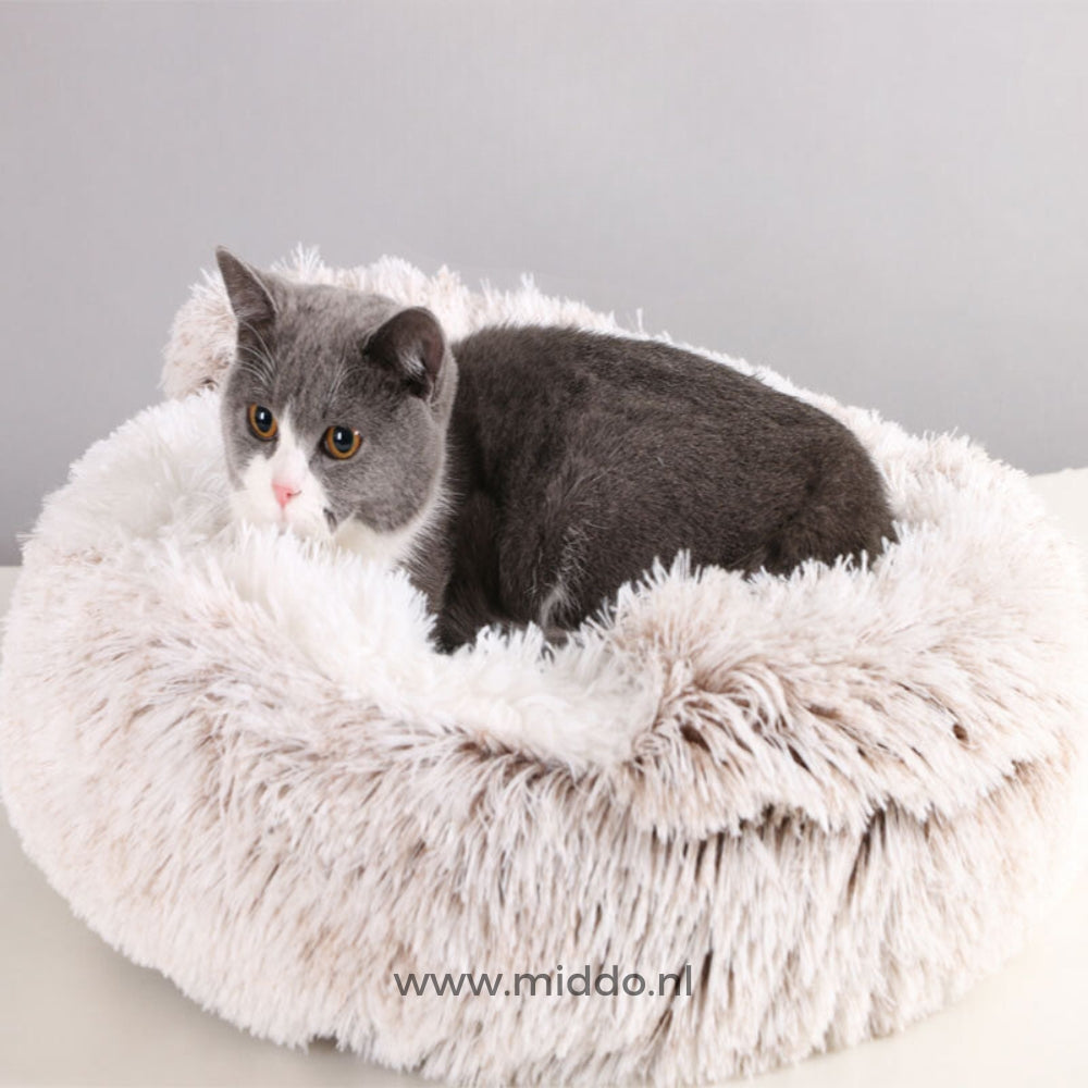 Rond pluche huisdiermand zacht nestbed voor katten en honden groen grijs bruin beige comfortabel ligplekje S M L XL | Sulvida