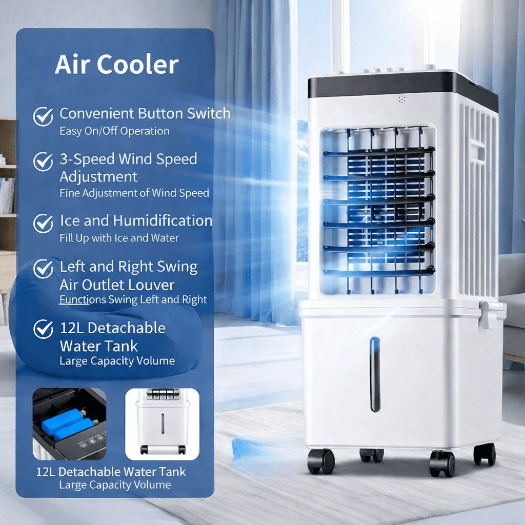 Mobiele Luchtkoeler 3-in-1 Ventilator met Bevochtiging Luchtzuivering Verrijdbaar Verstelbaar IJstank Timer | Sulvida