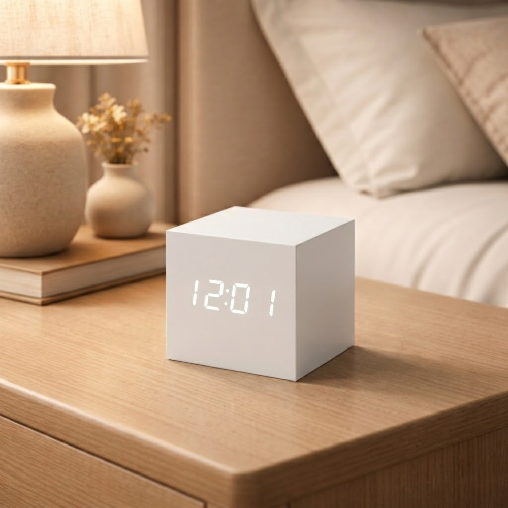 Houten LED Wekker Kubus met Geluidactivering Temperatuurweergave Alarm Functie voor Slaapkamer Nachtkastje | Sulvida