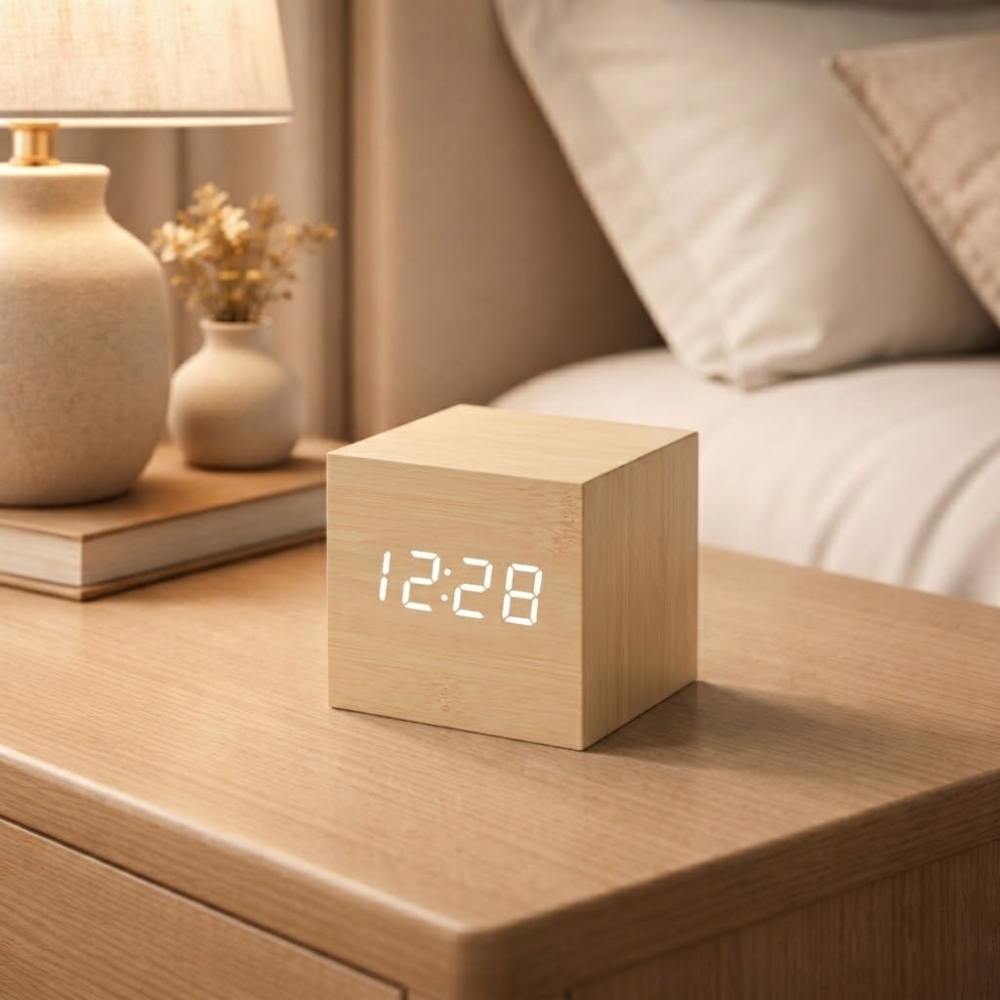 Houten LED Wekker Kubus met Geluidactivering Temperatuurweergave Alarm Functie voor Slaapkamer Nachtkastje | Sulvida