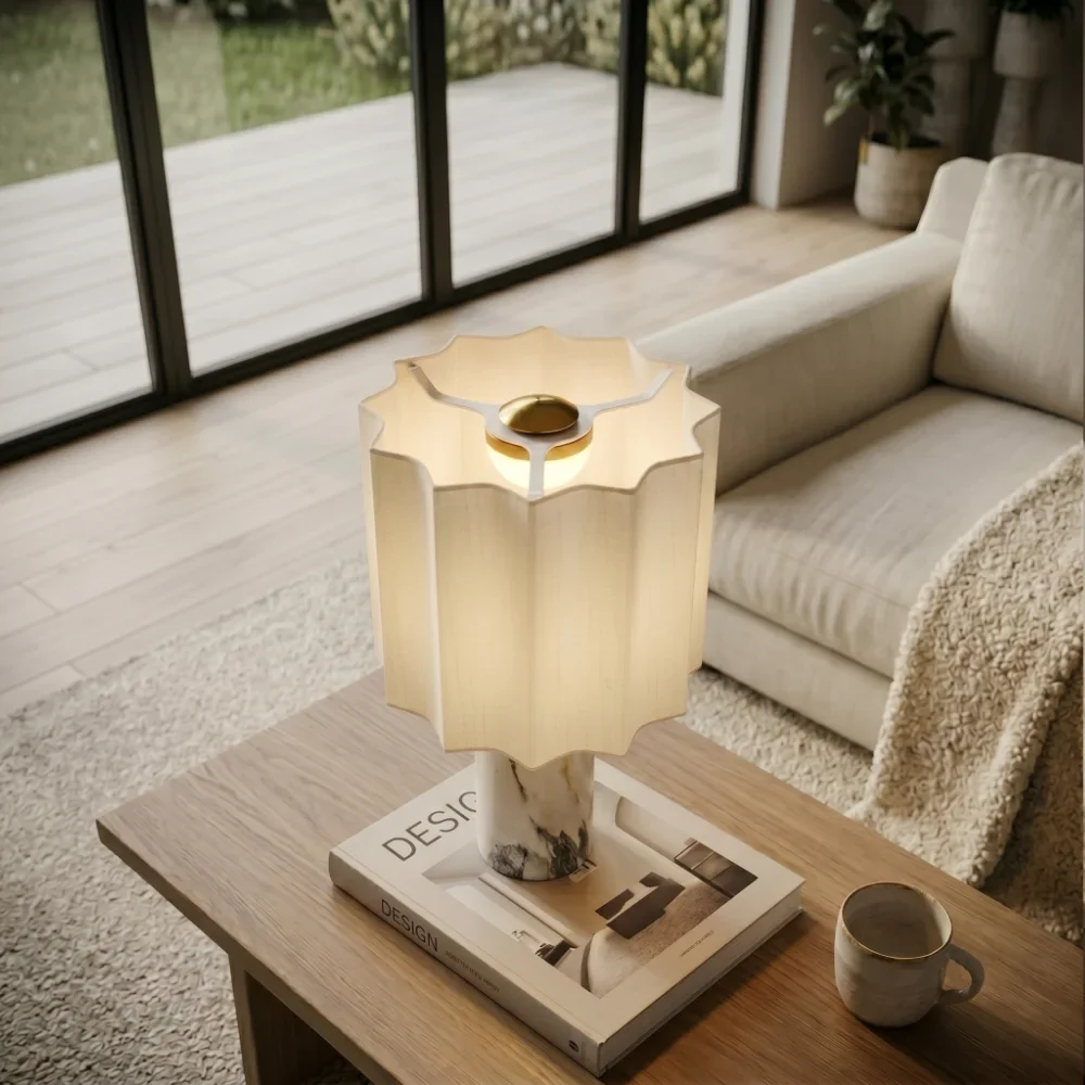 Draadloze Tafellamp Natuursteen met Linnen Kap 27.5cm Dimbaar LED Oplaadbaar Sfeervol Woonkamer Slaapkamer | Sulvida