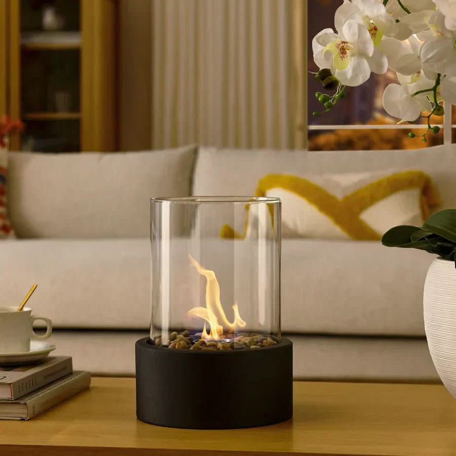 Bioethanol Tafelkachel Zwart Glas Modern Design Echte Vlammen Sfeerverwarming Binnen Buiten Decoratief | Sulvida