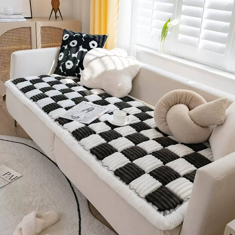 Chenille Huisdierenmat Vierkant Geruit Crème 50x50 cm Anti-slip Wasbaar Hondendeken Kattenmat Beschermer | Sulvida