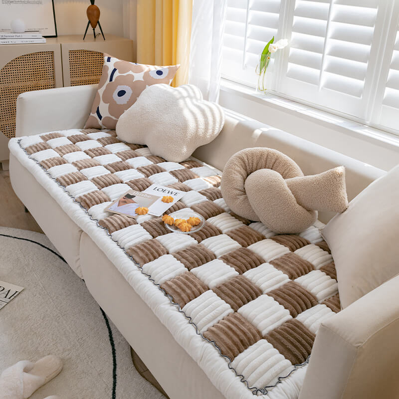 Chenille Huisdierenmat Vierkant Geruit Crème 50x50 cm Anti-slip Wasbaar Hondendeken Kattenmat Beschermer | Sulvida