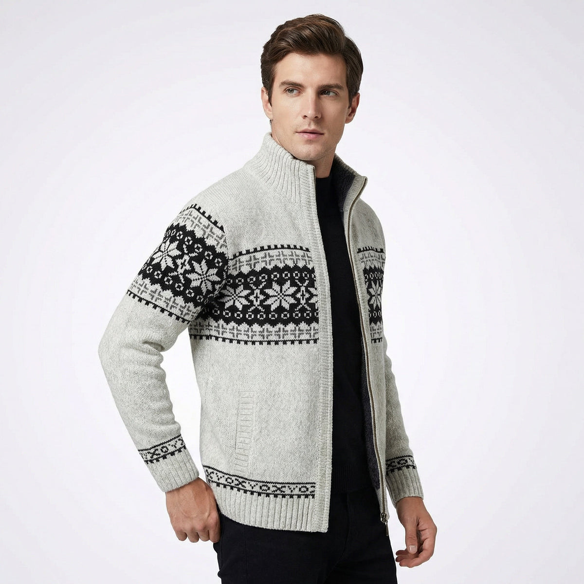 Gebreide Herenvest met Hoge Kraag en Rits Winterpatroon Scandinavisch Design Warme Cardigan Herfst Winter | Sulvida