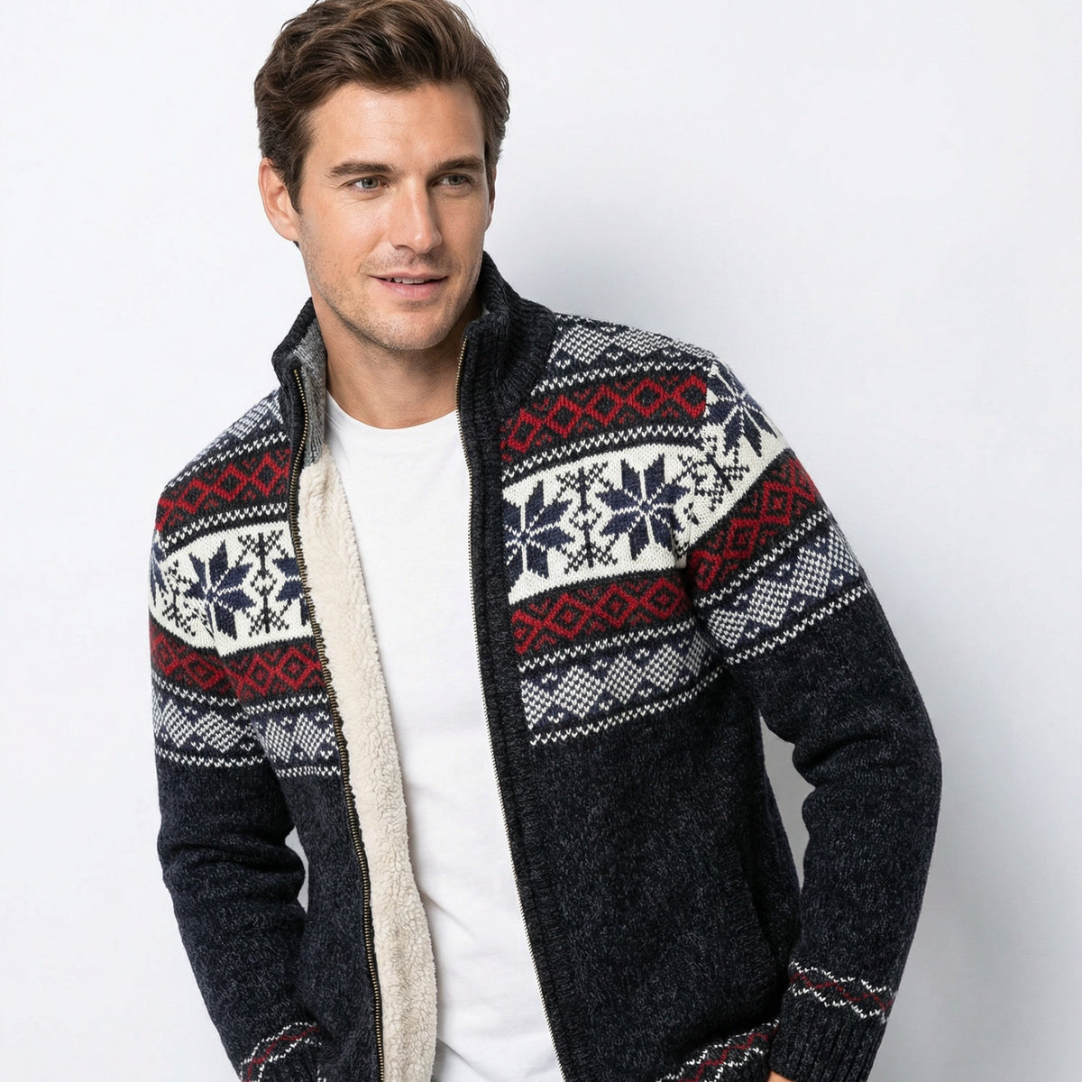 Gebreide Herenvest met Hoge Kraag en Rits Winterpatroon Scandinavisch Design Warme Cardigan Herfst Winter | Sulvida