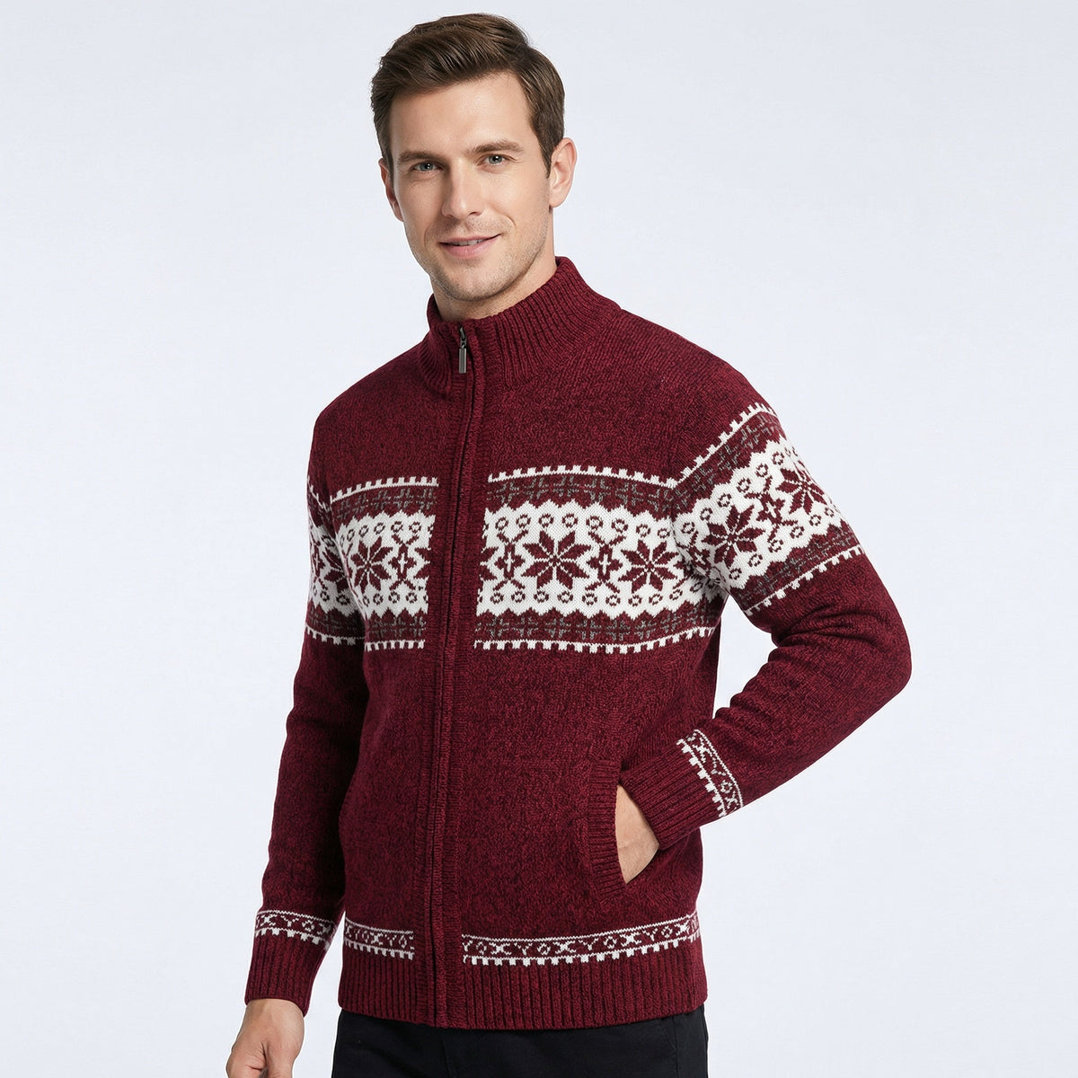 Gebreide Herenvest met Hoge Kraag en Rits Winterpatroon Scandinavisch Design Warme Cardigan Herfst Winter | Sulvida