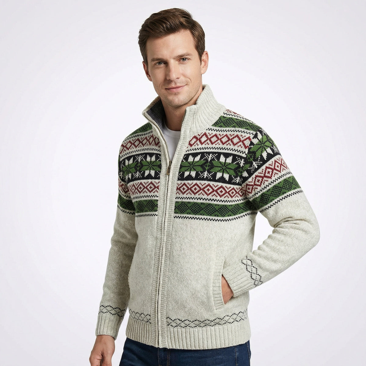 Gebreide Herenvest met Hoge Kraag en Rits Winterpatroon Scandinavisch Design Warme Cardigan Herfst Winter | Sulvida